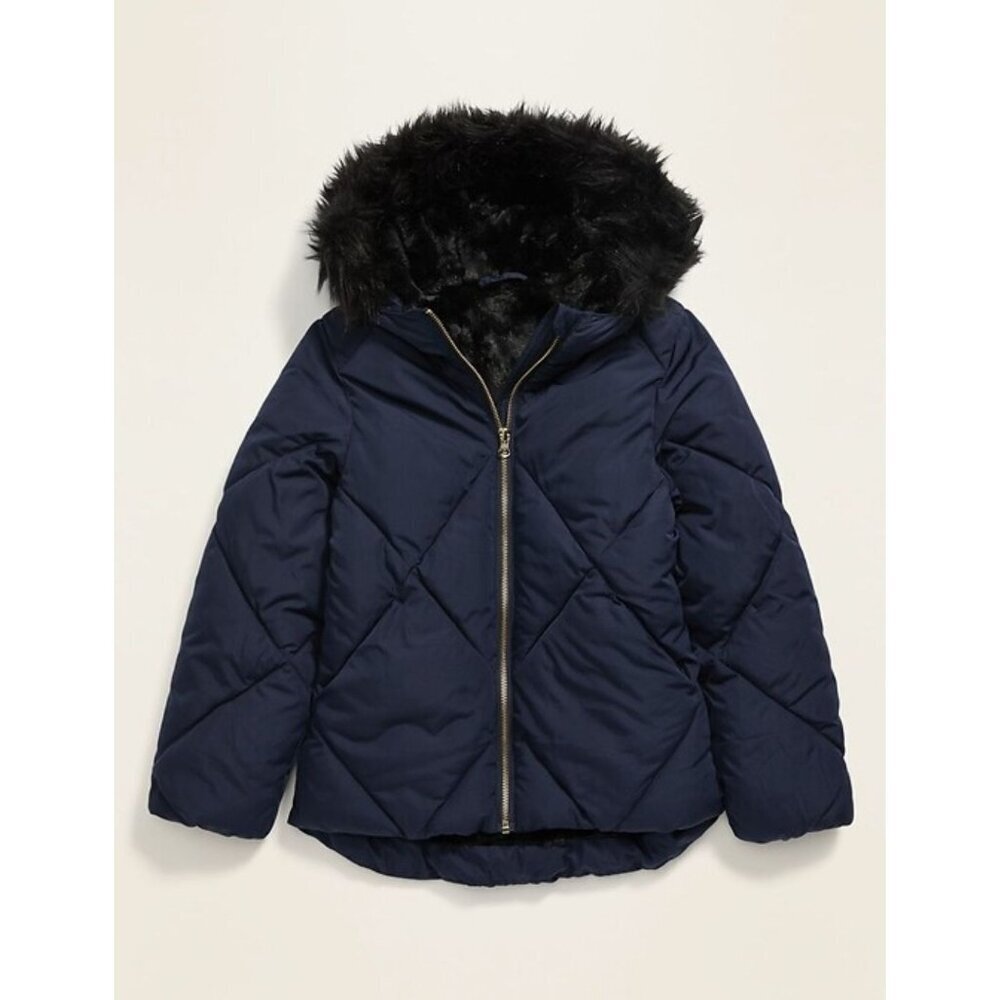 Old Navy girls frost free hooded jacket 14-16 Blue black faux fur